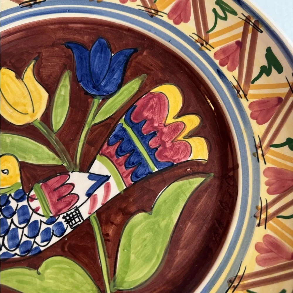 Vintage Pottery Barn LAMAS Brown/Multi dove pottery plate handmade in Italy.